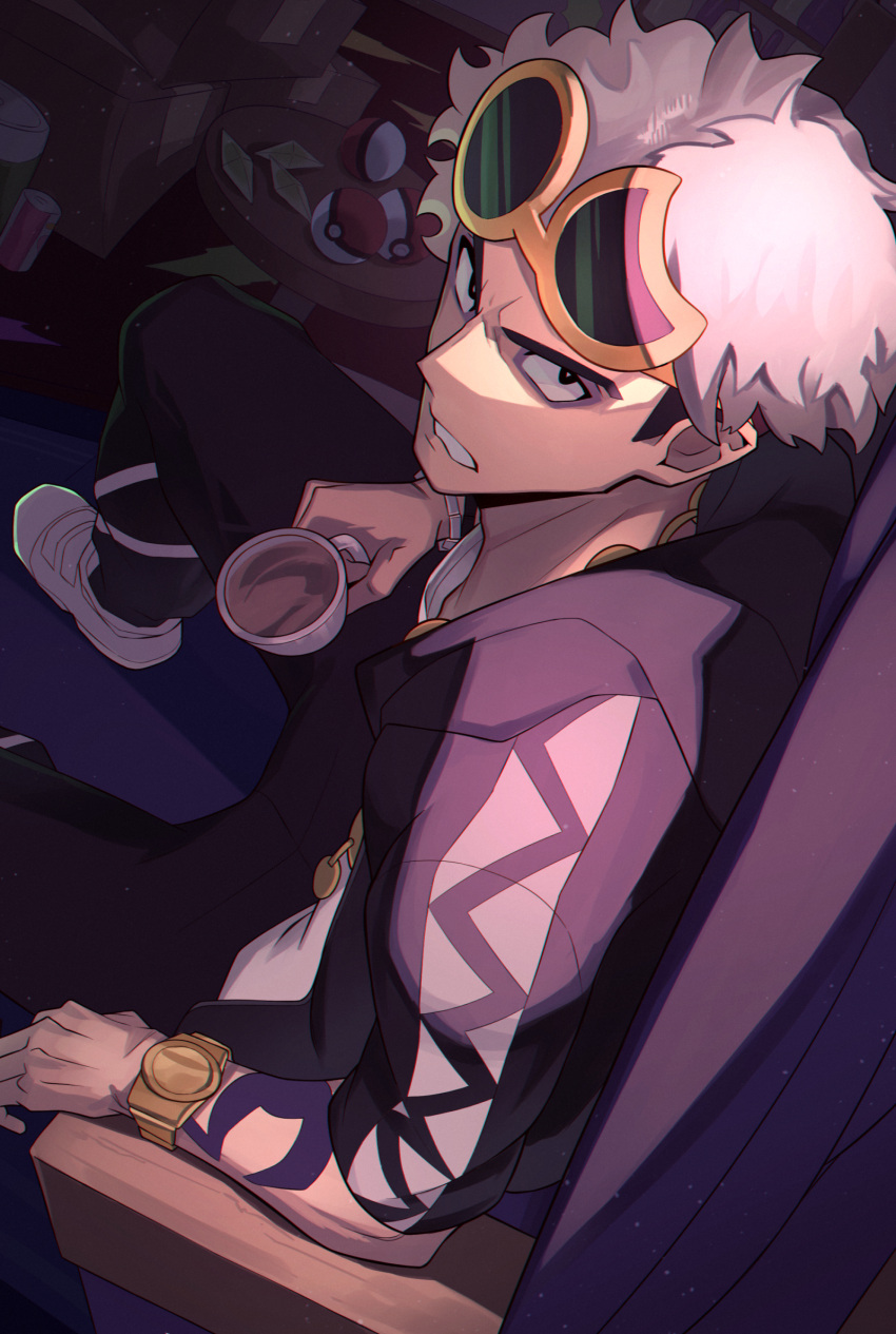1boy, arm_tattoo, black_hair, black_jacket, black_pants, commentary_request, cup, eyewear_on_head
