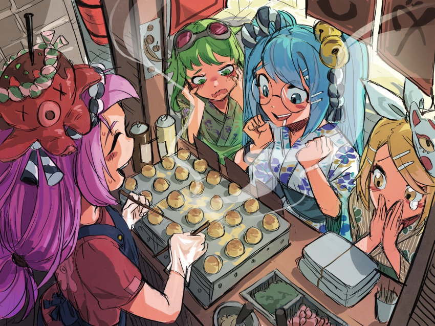 4girls, anidasayongjung, animal_on_head, apron, aqua_eyes, aqua_hair, bell, blonde_hair, blue_kimono, blush, bottle, bow, clenched_hands, closed_eyes, commentary, covering_mouth, english_commentary, floral_print, food, fox_mask, from_above, glasses, gloves, goggles, goggles_on_head, green_hair, green_kimono, gumi, hair_bell, hair_bow, hair_ornament, hairclip, hands_on_own_cheeks, hands_on_own_face, hatsune_miku, highres, holding, holding_stick, japanese_clothes, kagamine_rin, kimono, long_hair, mask, mask_on_head, megurine_luka, multiple_girls, octopus, on_head, open_mouth, pink_shirt, plastic_gloves, procreate_(medium), red_goggles, rope, saliva, shirt, shop, smile, steam, stick, swept_bangs, takoyaki, takoyaki_pan, twintails, vocaloid, white_bow, white_gloves, white_kimono, x_x, yellow_eyes, yellow_kimono