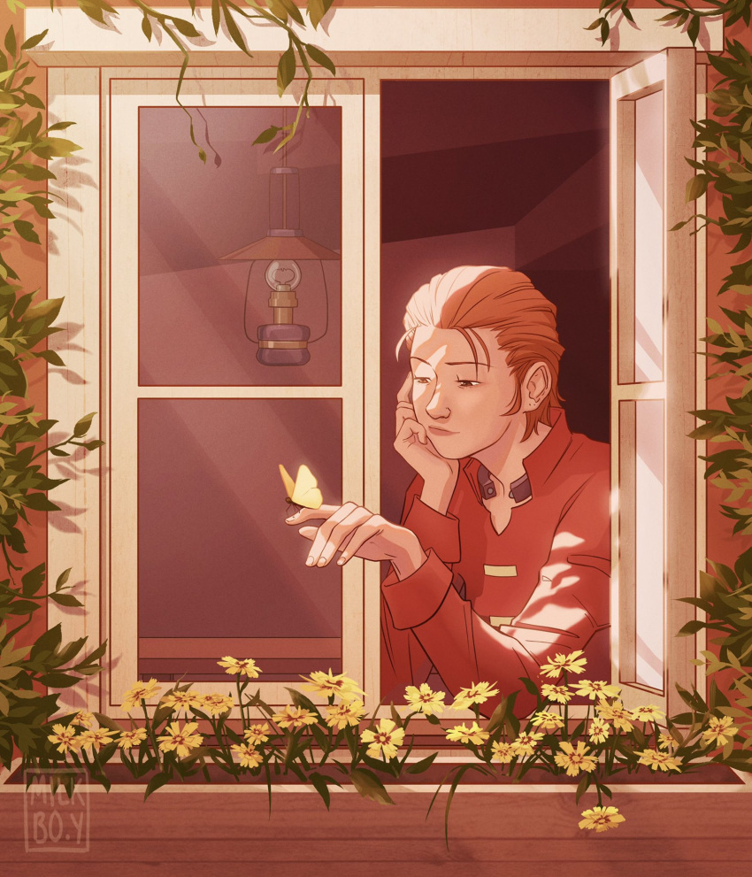1girl, brown_eyes, brown_hair, bug, butterfly, butterfly_on_hand, flower, hand_on_own_face