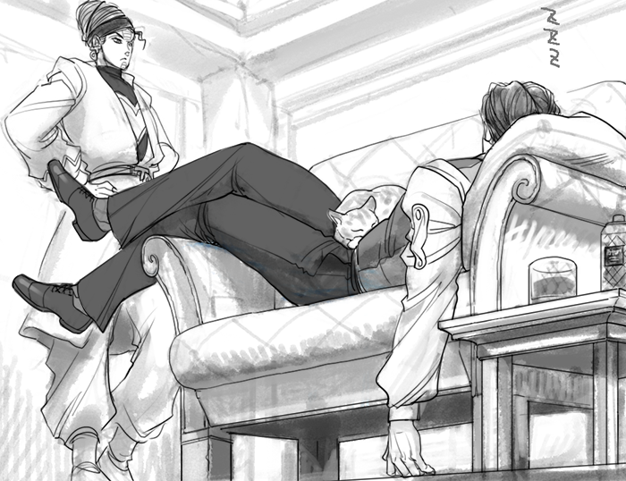 2boys, alcohol, beehive_hairdo, brothers, couch, daniel_j._d'arby, earrings, facial_mark