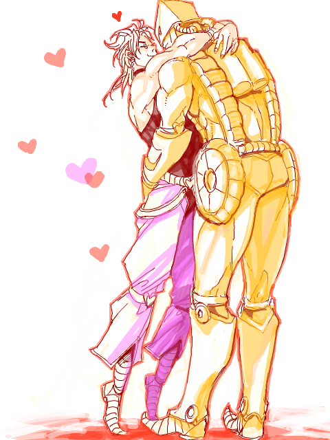 2boys, dio_brando, heart, heart-shaped_pupils, heart_kneepads, height_difference, hug, jojo_no_kimyou_na_bouken