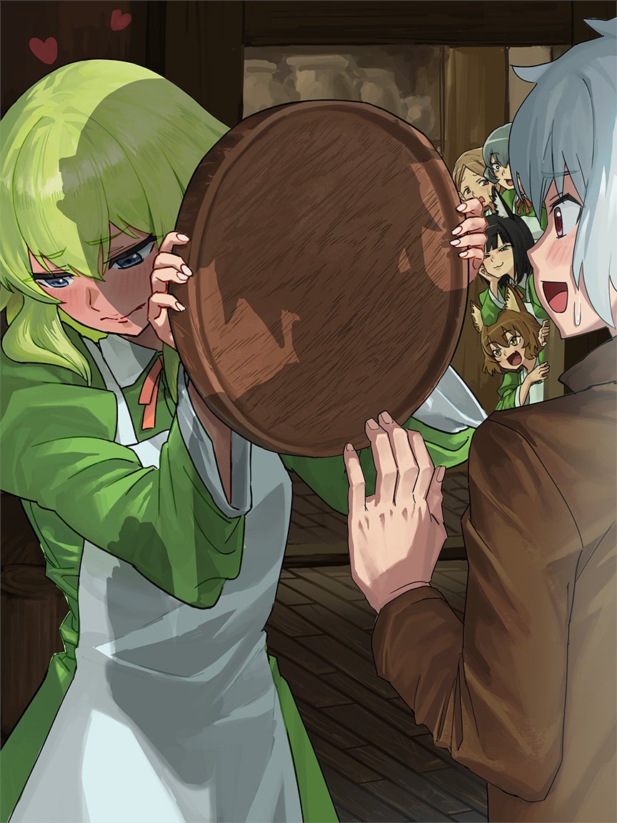 1boy, 5girls, animal_ears, anya_fromel, apron, bell_cranel, black_hair, blue_eyes, blush, brown_eyes, brown_hair, brown_shirt, cat_ears, chloe_rollo, dokutsumamuru, dress, dungeon_ni_deai_wo_motomeru_no_wa_machigatteiru_darou_ka, elf, green_dress, green_hair, grey_hair, hand_up, heart, holding, long_sleeves, looking_away, lunoire_faust, medium_hair, multiple_girls, peeking, pointy_ears, red_eyes, ribbon, ryu_lion, shirt, standing, syr_flover, white_apron, white_hair