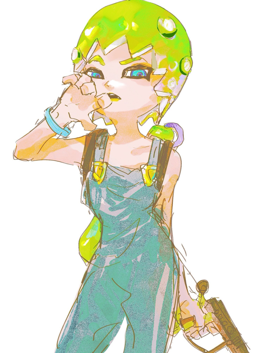 1girl, blue_eyes, czyw, e-liter_4k_(splatoon), foo_fighters, green_hair, highres, jojo_no_kimyou_na_bouken