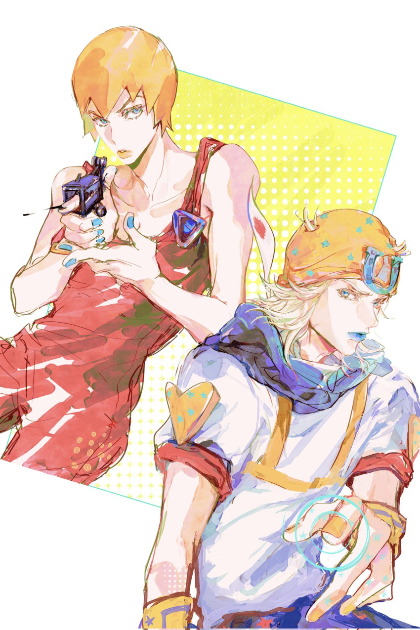 1boy, 1girl, alternate_hair_color, beanie, blonde_hair, blue_eyes, blue_lips, czyw
