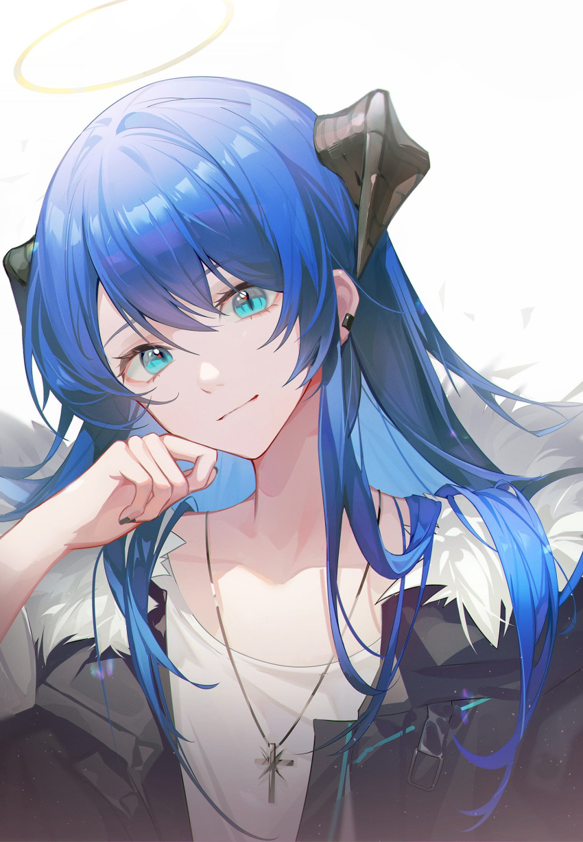 1girl, arknights, black_jacket, blue_eyes, blue_hair, closed_mouth, collarbone, commentary_request