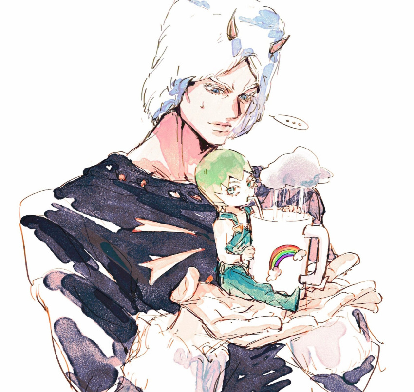 1boy, 1girl, blue_eyes, czyw, drinking, drinking_straw, drinking_straw_in_mouth, fake_horns
