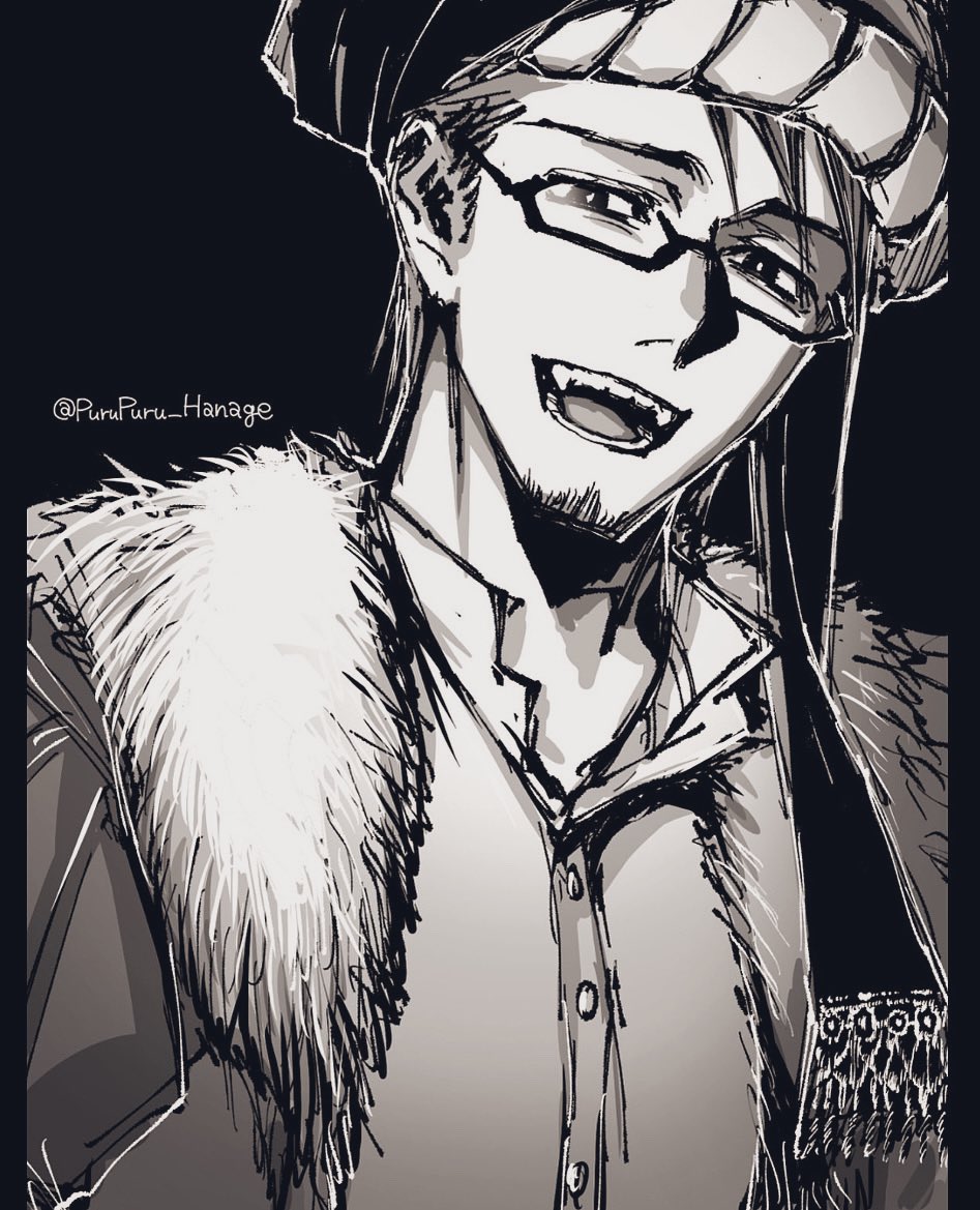 1boy, black_background, facial_hair, fate/grand_order, fate_(series), fur-trimmed_jacket, fur_trim, glasses, greyscale, hair_between_eyes, jacket, looking_at_viewer, male_focus, mehmed_ii_(fate), monochrome, open_mouth, purupuru_hanage, shirt, short_hair, signature, simple_background, smile, stubble, turban, upper_body