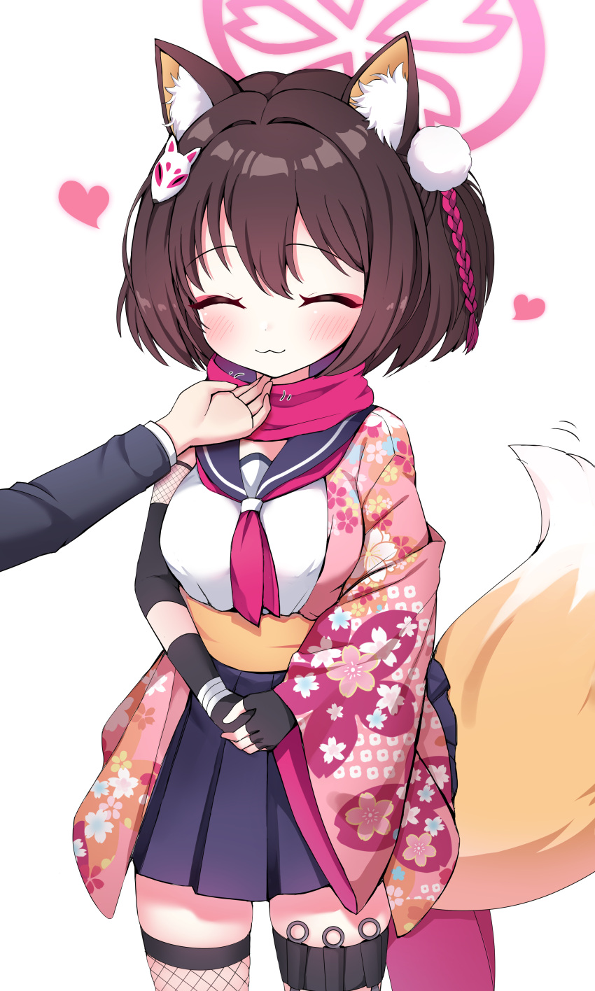1boy, 1girl, :3, ^_^, absurdres, animal_ear_fluff, animal_ears, black_gloves, black_hair, blue_archive, chin_stroke, closed_eyes, commentary_request, eyeshadow, fingerless_gloves, fishnet_sleeves, fishnet_thighhighs, fishnets, fox_ears, fox_girl, fox_hair_ornament, fox_tail, gloves, hadanugi_dousa, hair_between_eyes, hair_ornament, halo, happy, heart, highres, izuna_(blue_archive), japanese_clothes, kunai, long_sleeves, looking_at_viewer, makeup, medium_hair, ninja, one_side_up, out_of_frame, own_hands_together, pleated_skirt, pom_pom_(clothes), pom_pom_hair_ornament, red_eyeshadow, school_uniform, sensei_(blue_archive), serafuku, sidelocks, simple_background, single_thighhigh, skirt, sleeveless, solo, tail, thigh-highs, thigh_strap, v_arms, weapon, white_background, wide_sleeves, yukki_bunny