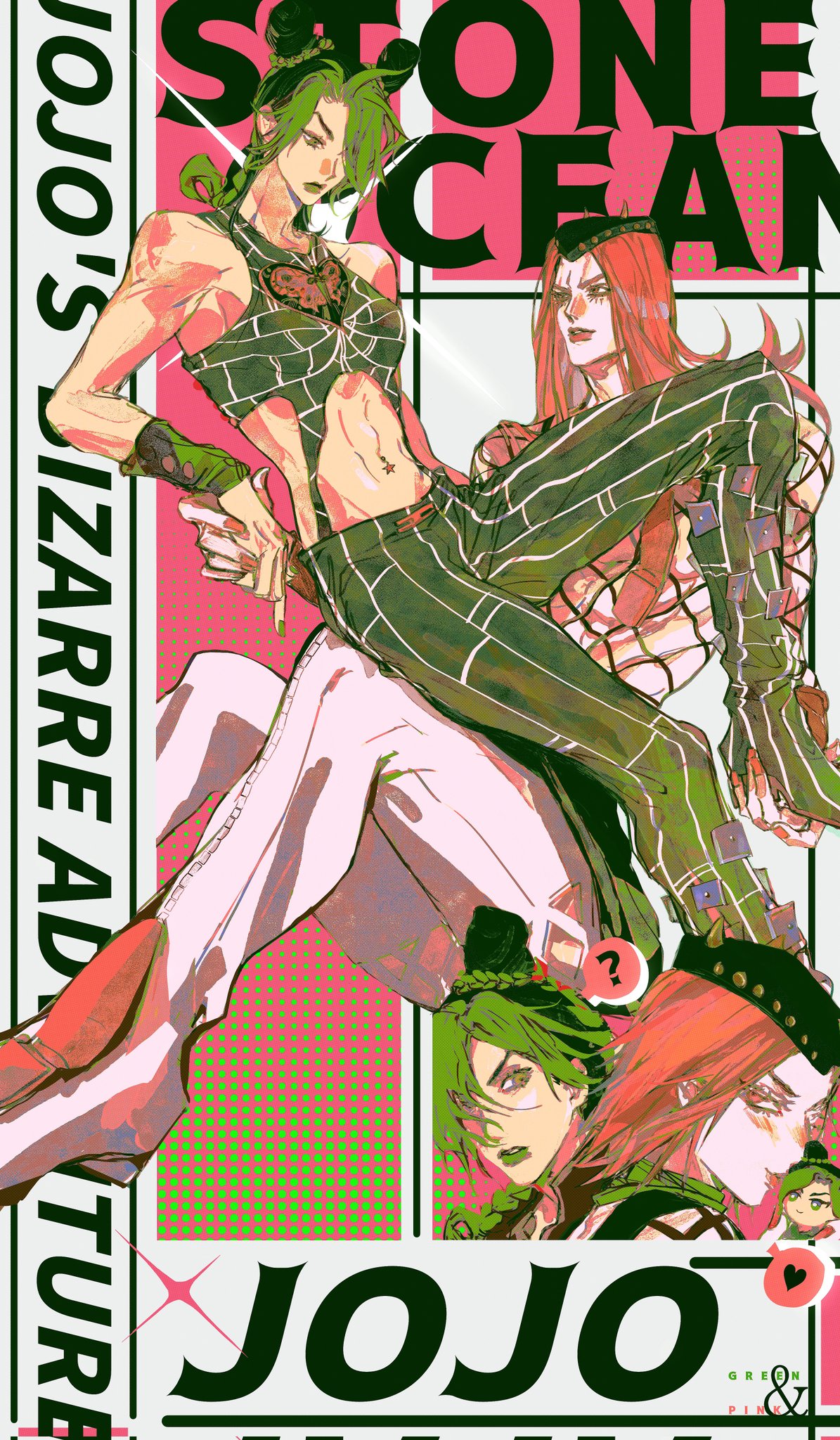 ?, ambiguous_gender, black_hair, character_doll, chibi, cone_hair_bun, confused, czyw, double_bun, dual_persona, fishnet_top, fishnets, genderswap, genderswap_(mtf), green_hair, green_lips, hair_bun, hat, heart, highres, horned_hat, implied_bisexual, jojo_no_kimyou_na_bouken, kujo_jolyne, lipstick, long_hair, makeup, multicolored_hair, narciso_anasui, pantyhose, pink_hair, spider_web_print, spoken_heart, spoken_question_mark, stone_ocean, two-tone_hair, yuri