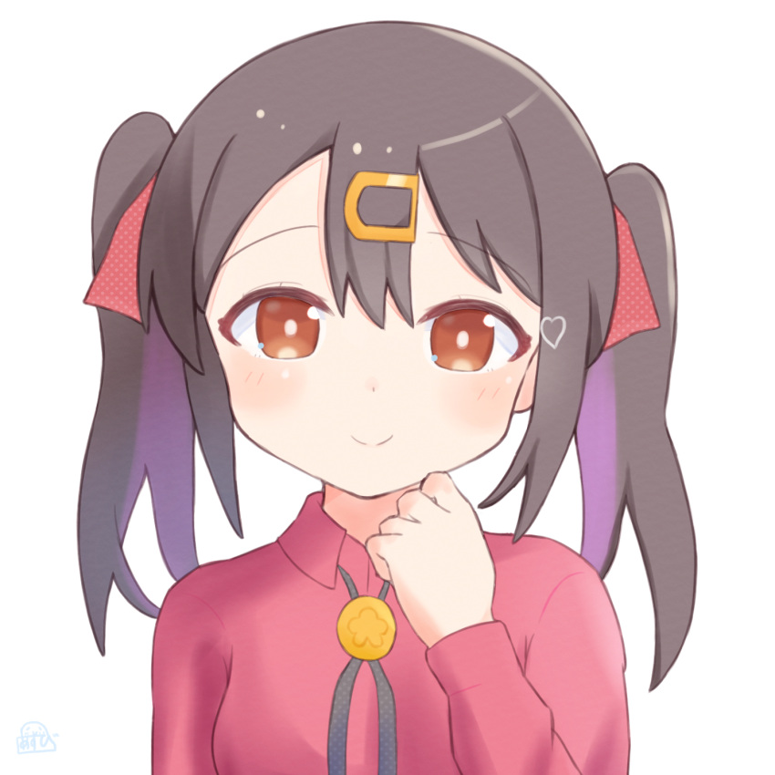 1girl, black_hair, bolo_tie, brown_eyes, commentary, hair_between_eyes, hair_ornament, hair_ribbon