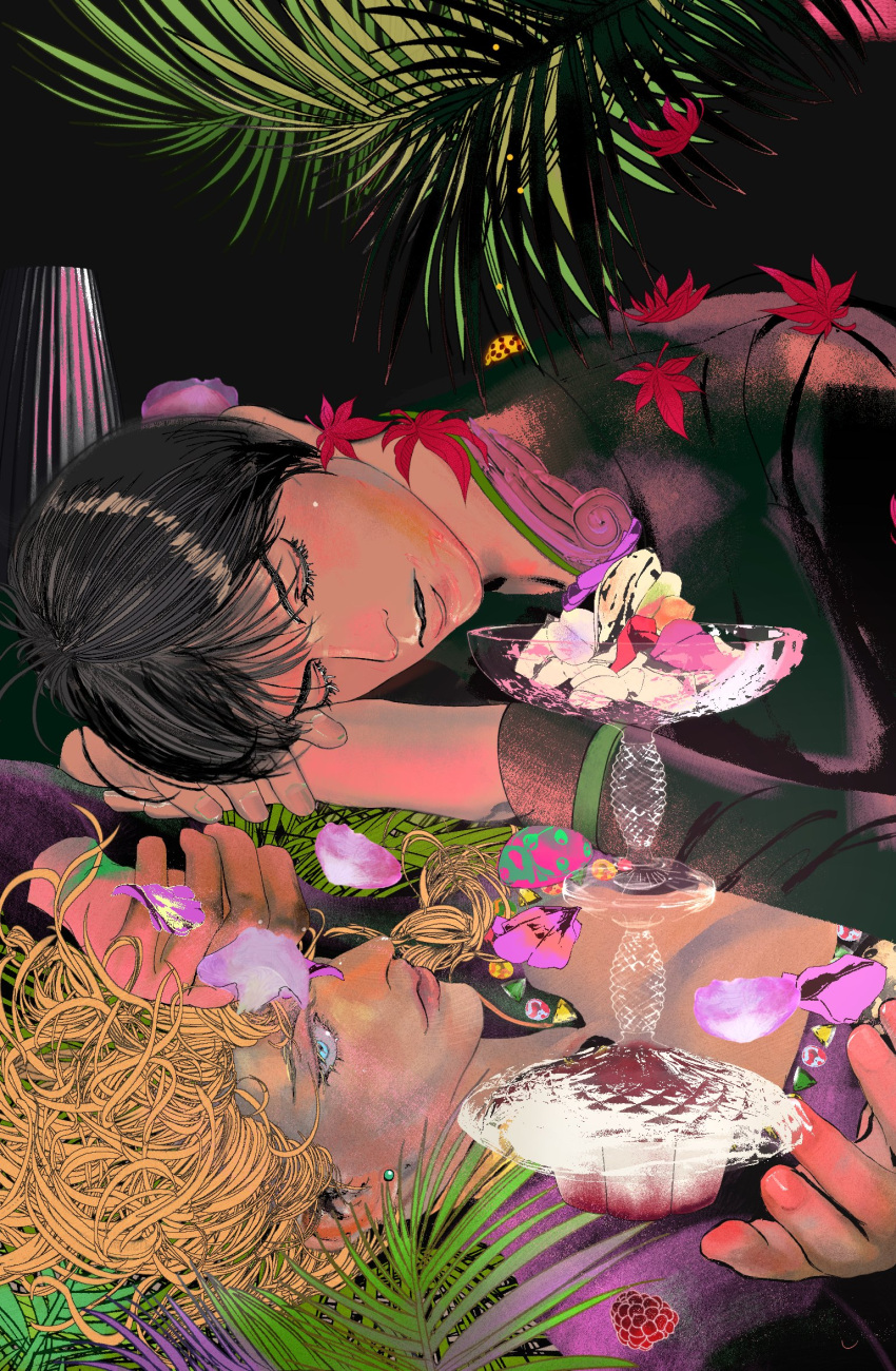2boys, alternate_hairstyle, black_hair, blonde_hair, blue_eyes, cnrshd, curly_hair, dual_persona, eyelashes, giorno_giovanna, haruno_shiobana, highres, jojo_no_kimyou_na_bouken, ladybug_ornament, leaf, male_focus, maple_leaf, multiple_boys, parfait, petals, realistic, vento_aureo, wing_ornament