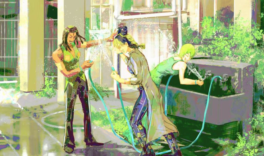 3girls, armband, black_hair, braid, czyw, double_bun, dreadlocks, ermes_costello