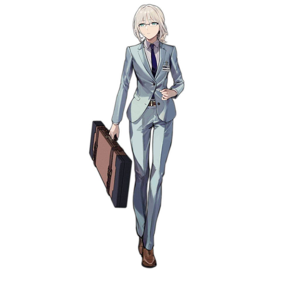 1girl, an-94_(girls'_frontline), aqua_eyes, belt, bespectacled, blonde_hair, blue_necktie, brown_belt, brown_footwear, business_suit, closed_mouth, duoyuanjun, formal, full_body, girls_frontline, glasses, holding, holding_suitcase, id_card, light_blue_jacket, light_blue_pants, long_sleeves, looking_to_the_side, necktie, official_alternate_costume, official_alternate_hairstyle, official_art, over-rim_eyewear, pants, ponytail, semi-rimless_eyewear, shirt, shoes, short_hair, simple_background, solo, standing, suit, suitcase, transparent_background, white_shirt