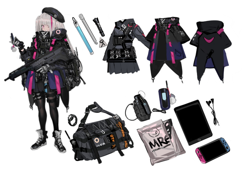 1girl, assault_rifle, belt_pouch, beret, black_coat, black_footwear, black_headwear, black_pantyhose