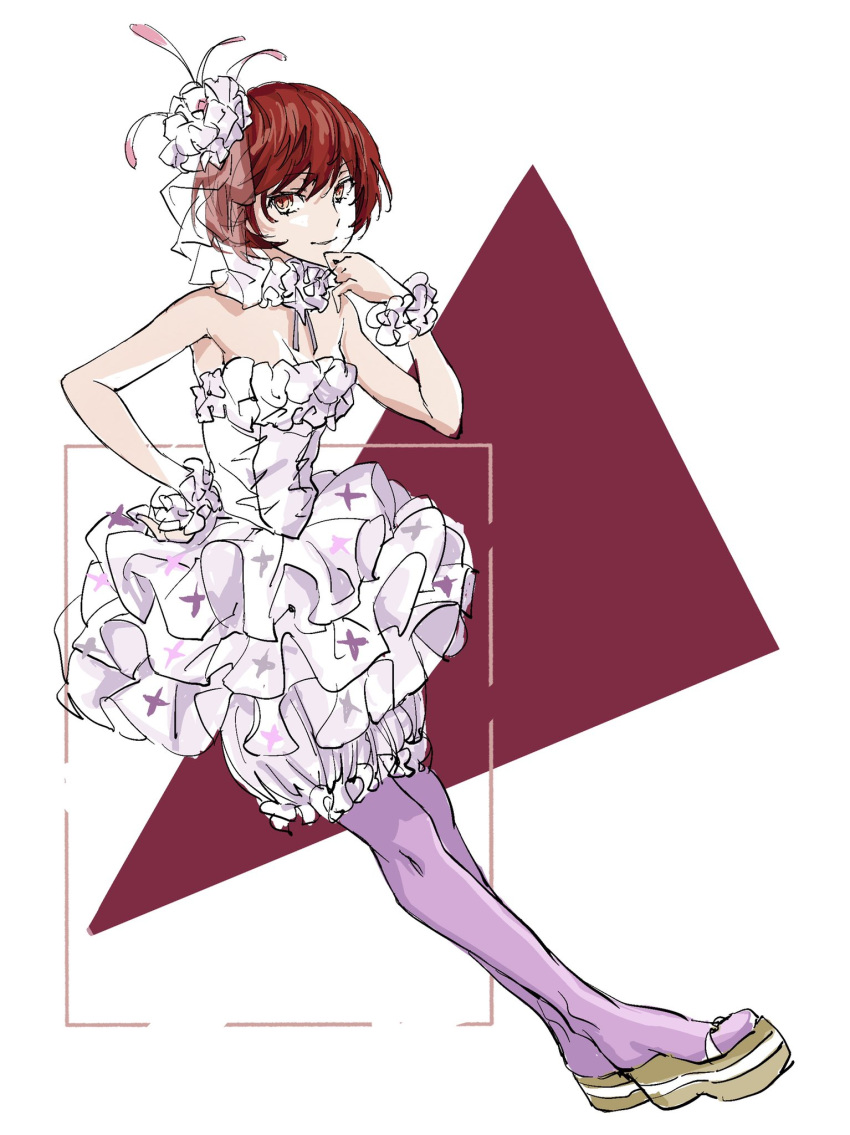 1girl, bloomers, bob_cut, breasts, clog_sandals, detached_collar, dion_fortune, dress, eritsuka_amari, frilled_cuffs, frilled_dress, frills, from_side, full_body, hair_ornament, hand_on_own_hip, hand_up, highres, leaning_back, pantyhose, pink_pantyhose, redhead, sandals, short_dress, short_hair, sleeveless, sleeveless_dress, small_breasts, smile, solo, toaru_majutsu_no_index, underwear, white_background, white_bloomers, white_dress, white_veil, yellow_eyes