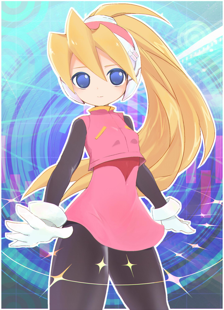 1girl, android, black_pantyhose, blonde_hair, blue_eyes, ciel_(mega_man), covered_navel, dot_nose, dress, gloves, hair_between_eyes, headgear, helmet, high_ponytail, long_hair, mega_man_(series), mega_man_zero, pantyhose, pink_dress, pink_shirt, ponytail, robot_girl, shimita_(erode), shirt, smile, solo, white_gloves
