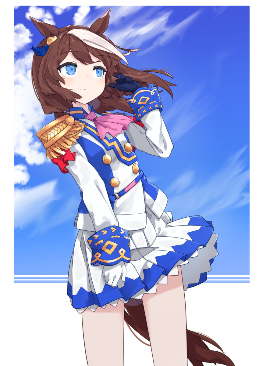 1girl, animal_ears, arm_at_side, ascot, blue_eyes, blue_gloves, brown_hair, buttons