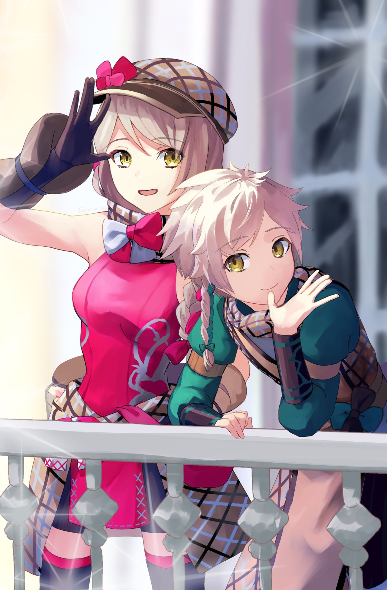 1boy, 1girl, aoisu_ao, balcony, bow, braid, brother_and_sister, clanne_(fire_emblem)