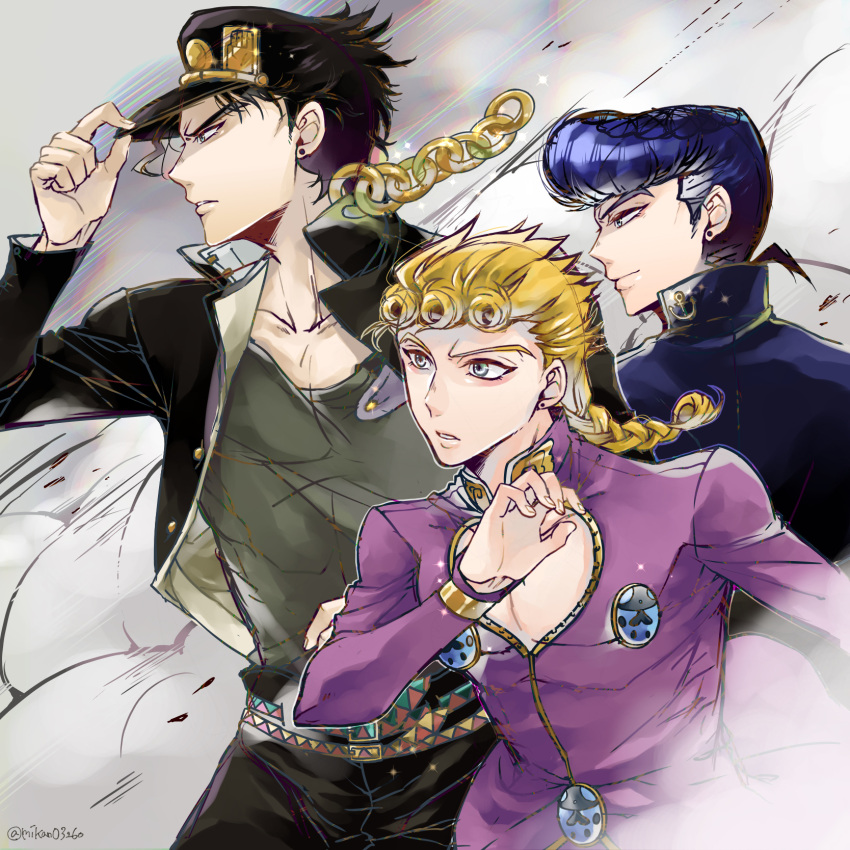 3boys, adjusting_clothes, adjusting_headwear, black_hair, blonde_hair, blue_eyes, blue_hair, braid, chain, cleavage_cutout, clothing_cutout, diamond_wa_kudakenai, earrings, gakuran, giorno_giovanna, hat, higashikata_josuke, highres, jewelry, jojo_no_kimyou_na_bouken, kujo_jotaro, ladybug_ornament, long_coat, male_focus, mikan03260, multiple_boys, pompadour, school_uniform, smoke, stardust_crusaders, triangle_print, vento_aureo