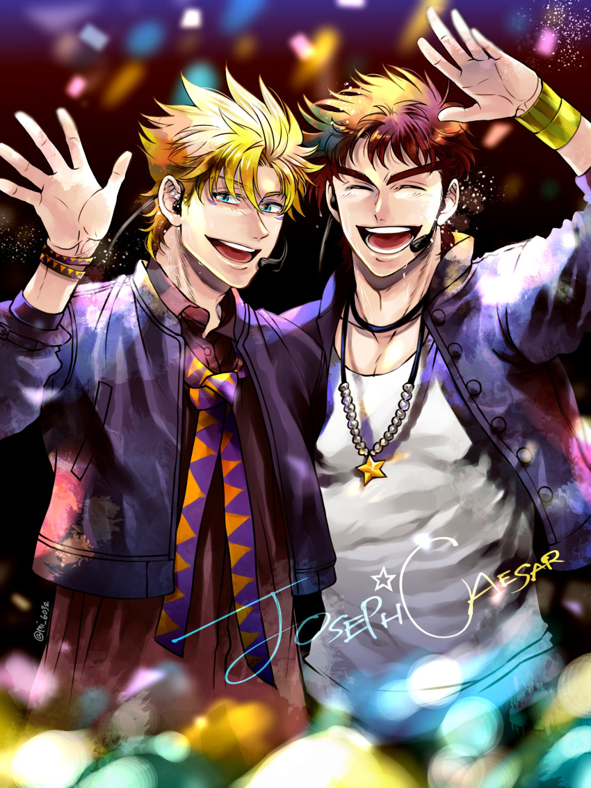 2boys, battle_tendency, black_hair, blonde_hair, blue_jacket, blurry, bokeh, bracelet