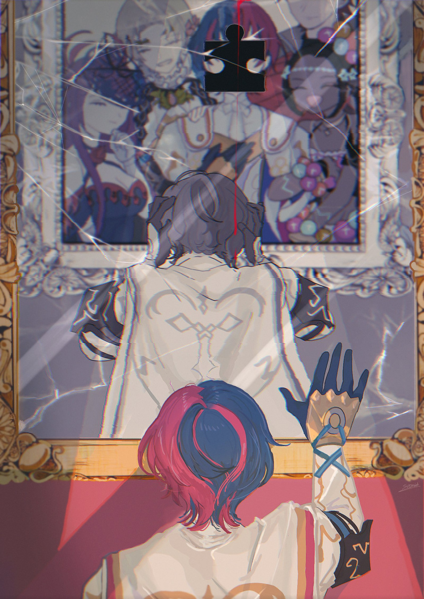 1boy, alear_(fire_emblem), alear_(male)_(fire_emblem), alfred_(fire_emblem), broken_glass, cape, d_kenpis, diamant_(fire_emblem)