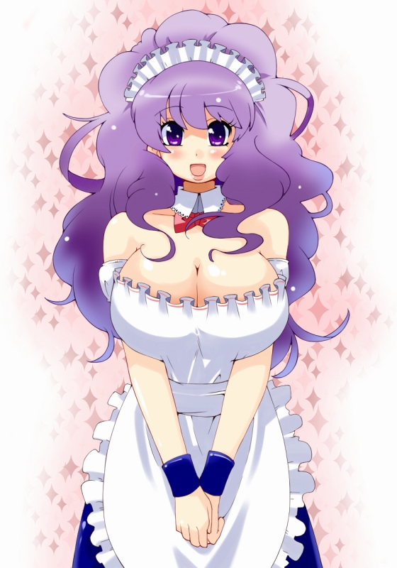 apron, bare_shoulders, blush, breasts, cleavage, happy, huge_breasts, long_hair, maid, momo_(fruits_box), purple_eyes, purple_hair, violet_eyes