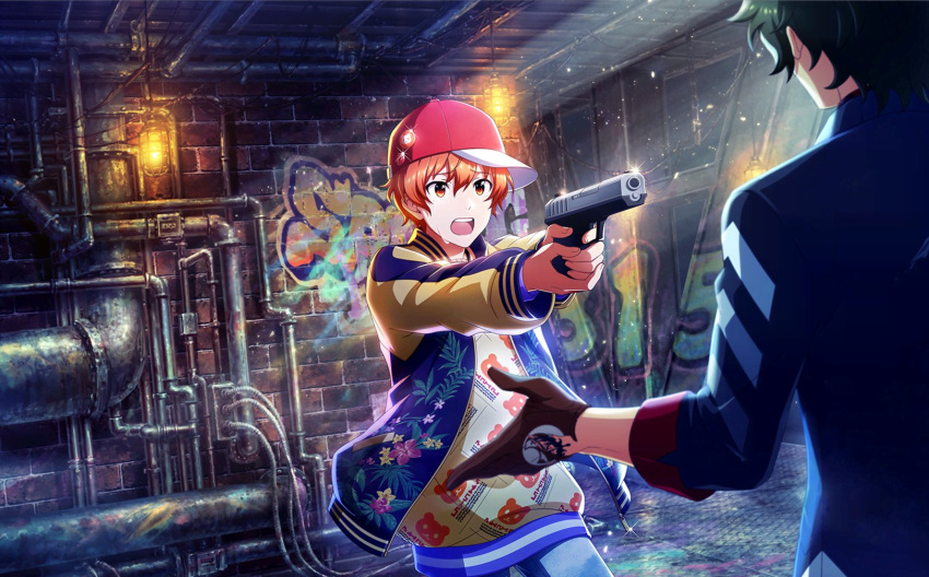 2boys, aoi_yusuke, baseball_cap, brown_gloves, enjoji_michiru, fingernails, gloves, graffiti, gun, hair_between_eyes, hat, highres, holding, holding_gun, holding_weapon, idolmaster, idolmaster_side-m, idolmaster_side-m_live_on_stage!, jacket, long_sleeves, male_focus, multiple_boys, official_art, open_clothes, open_jacket, orange_eyes, orange_hair, tears, teeth, upper_teeth_only, weapon