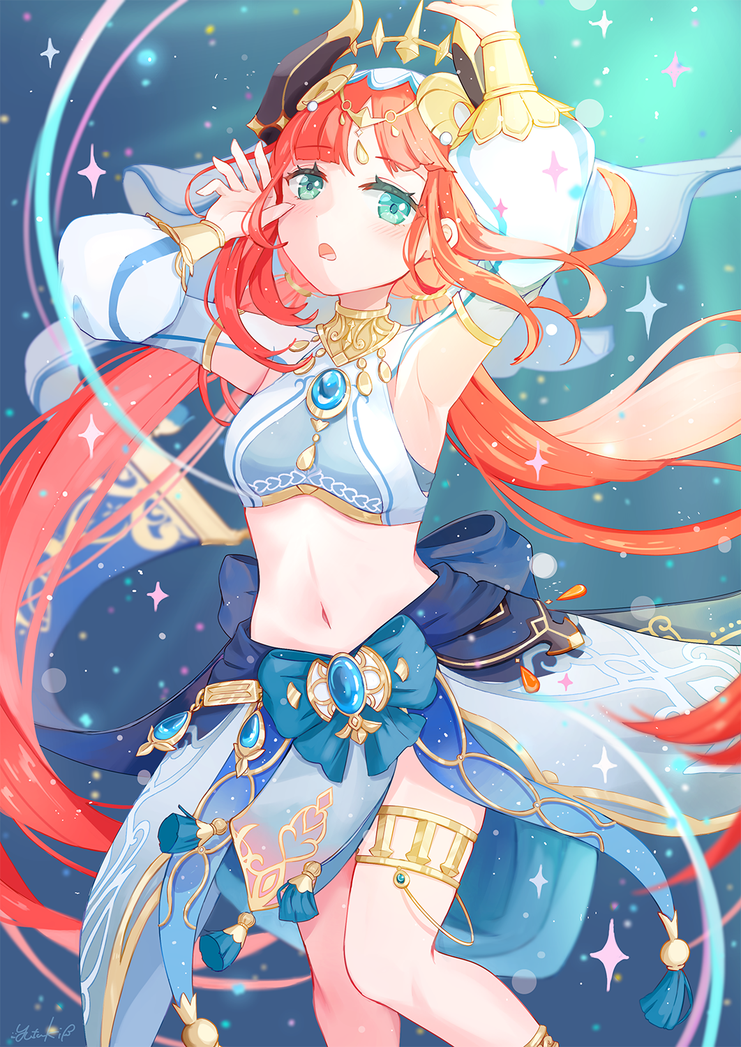 1girl, armpits, arms_up, blunt_bangs, commentary_request, dancer, dancing, detached_sleeves