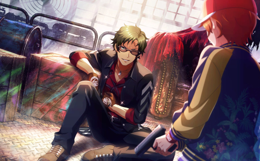 2boys, aoi_yusuke, baseball_bat, brown_footwear, brown_gloves, brown_hair, enjoji_michiru, glasses, gloves, green_eyes, gun, highres, holding, holding_gun, holding_weapon, idolmaster, idolmaster_side-m, idolmaster_side-m_live_on_stage!, jacket, long_sleeves, male_focus, multiple_boys, official_art, one_eye_closed, orange_hair, shoes, weapon
