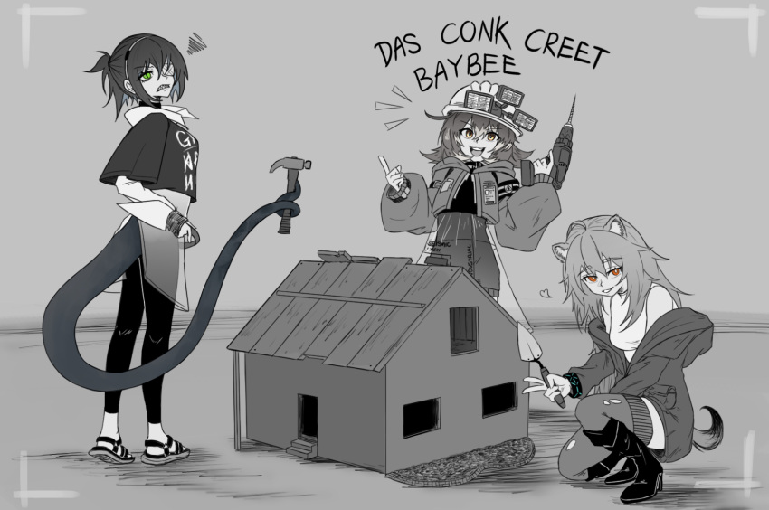 3girls, arknights, asbestos_(arknights), cement_(arknights), dokonjou_(odossan), eyepatch, gravel_(arknights), hammer
