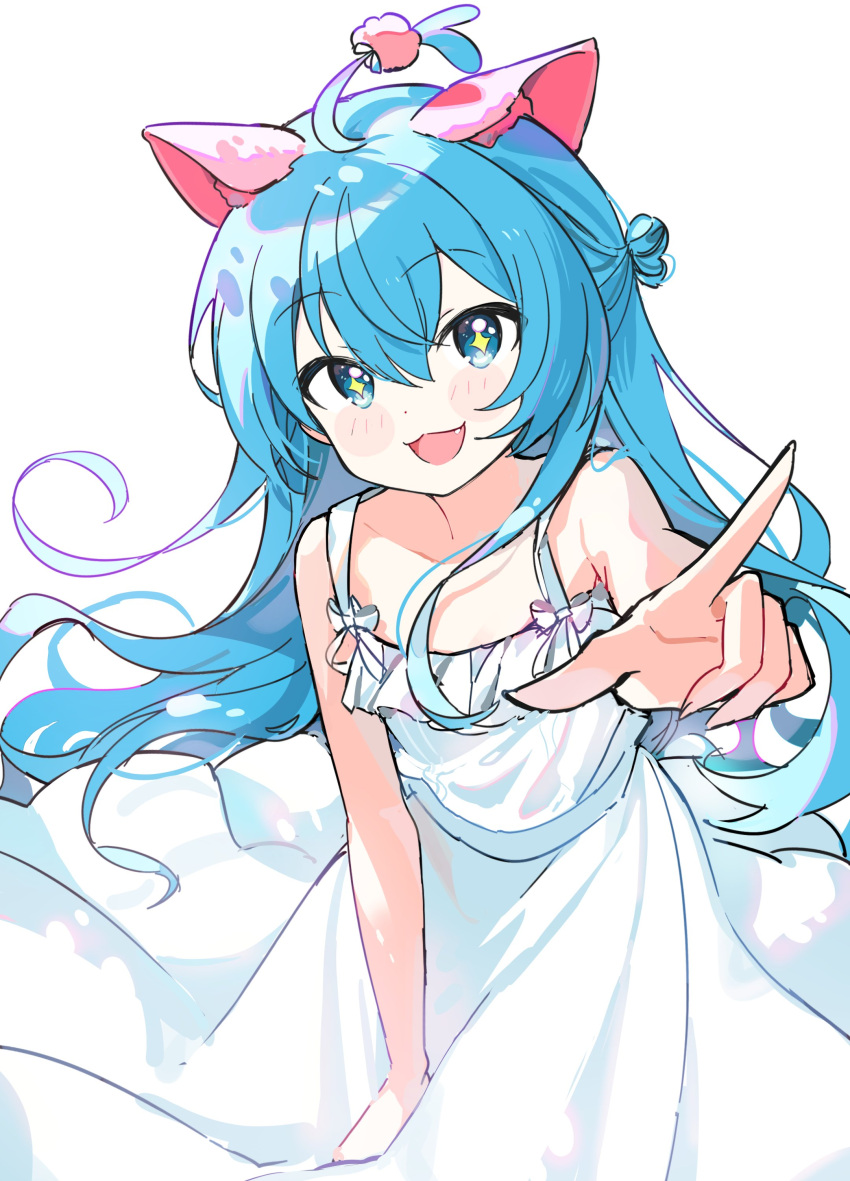 +_+, 1girl, absurdres, animal_ears, bare_arms, between_legs, blue_eyes, blue_hair