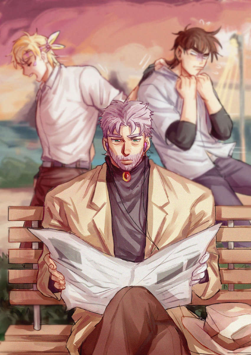 2608337875, 3boys, absurdres, bandana, battle_tendency, bench, blonde_hair, blurry, brown_hair, caesar_anthonio_zeppeli, collar_grab, crossed_legs, depth_of_field, dual_persona, gloves, grey_hair, headband, highres, jojo_no_kimyou_na_bouken, joseph_joestar, joseph_joestar_(old), joseph_joestar_(young), lamppost, layered_sleeves, long_sleeves, male_focus, multiple_boys, newspaper, old, old_man, reading, short_over_long_sleeves, short_sleeves, sitting, stardust_crusaders, sunset, turtleneck, white_gloves