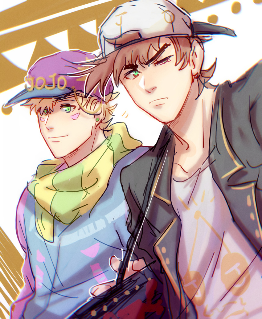 2608337875, 2boys, absurdres, backwards_hat, baseball_cap, battle_tendency, blonde_hair, brown_hair