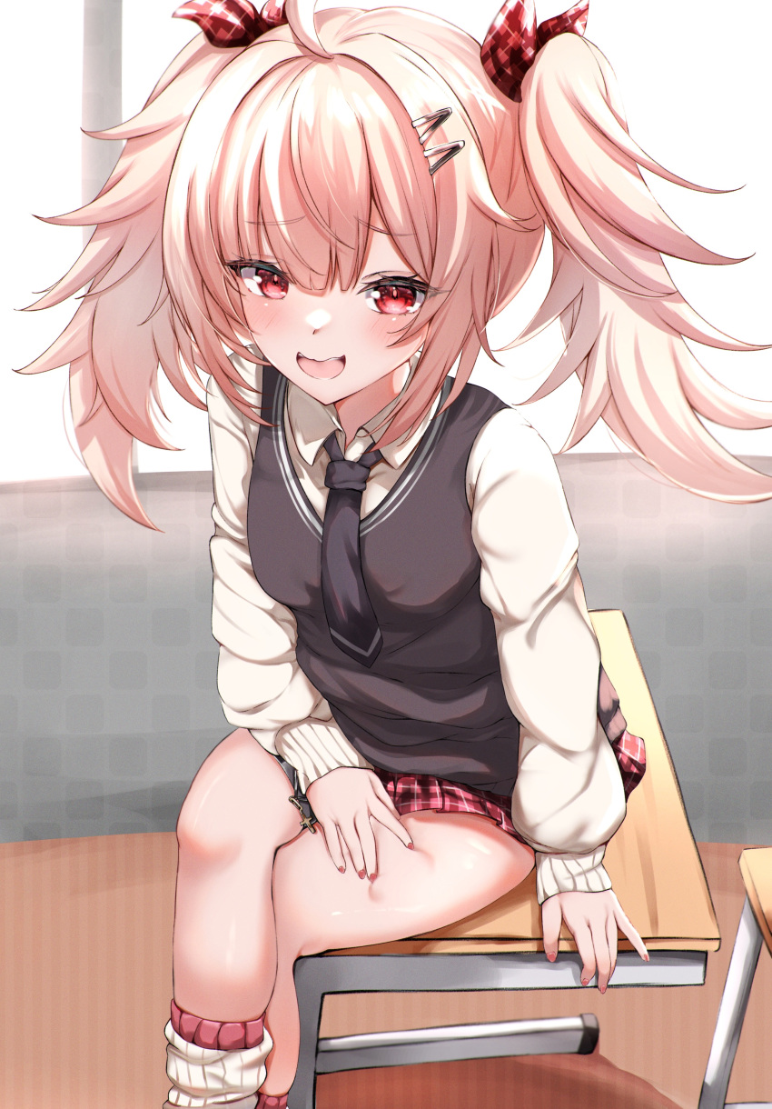 1girl, :d, absurdres, alternate_costume, azur_lane, black_necktie, black_vest, blonde_hair, blush, cardigan, classroom, collared_shirt, commentary, crossed_legs, day, desk, hair_ornament, hair_ribbon, hairclip, hand_on_own_thigh, hero_(azur_lane), hero_(the_devil_wears_knee-highs)_(azur_lane), highres, indoors, kneehighs, kneehighs_pull, long_hair, long_sleeves, looking_at_viewer, mesugaki, miniskirt, nail_polish, necktie, official_alternate_costume, on_chair, plaid, plaid_ribbon, plaid_skirt, red_eyes, red_nails, red_ribbon, red_skirt, ribbon, school_desk, school_uniform, shirt, sitting, skirt, smile, socks, solo, thigh_grab, thighs, twintails, umidemi, vest, white_cardigan, white_shirt