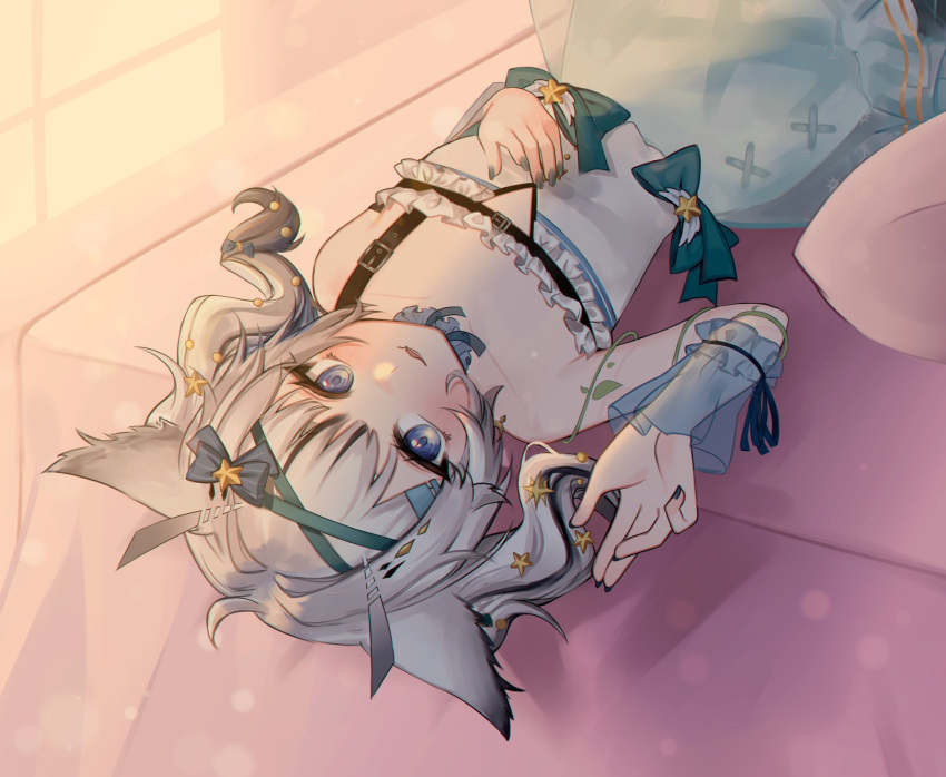 1girl, flat_chest, grey_hair, hair_ribbon, highres, indie_virtual_youtuber, looking_at_viewer, lying