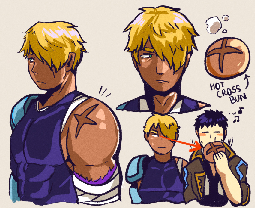 2boys, abs, blonde_hair, bread, collared_jacket, cross_scar, duckpasta, eating