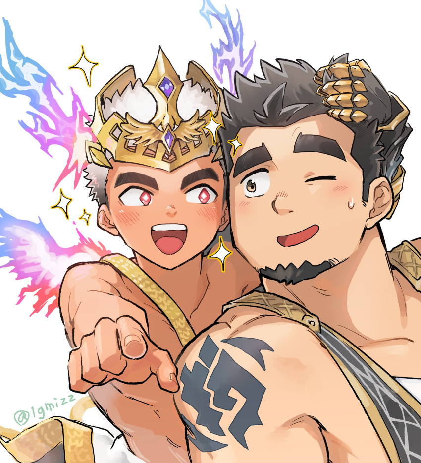 1gmizz, 2boys, artist_name, beard, black_hair, character_request, cheek-to-cheek, crave_saga