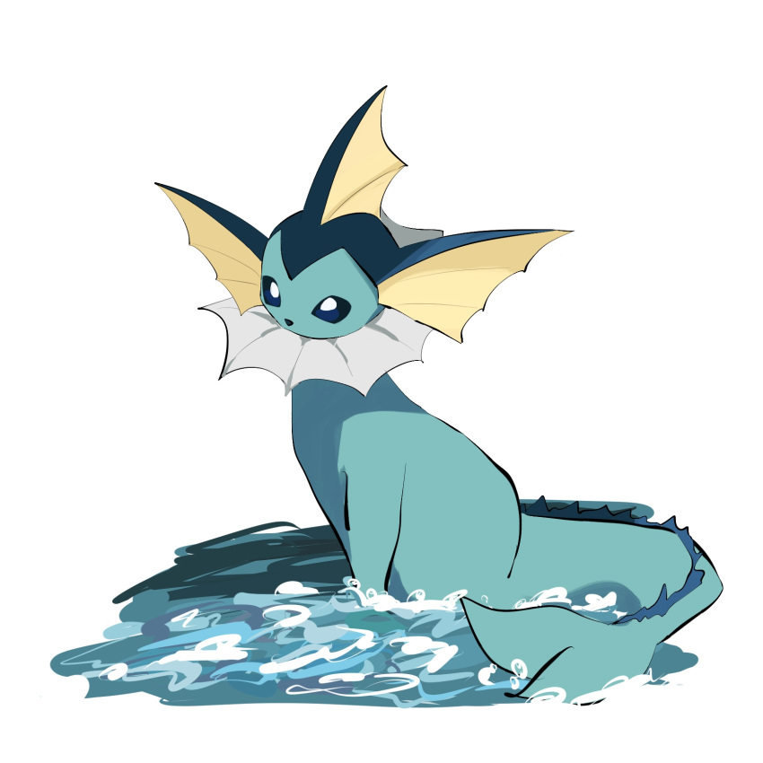 animal_focus, blue_eyes, commentary, full_body, highres, no_humans, pokemon, pokemon_(creature), simple_background, sitting, solo, takashi_(pixiv_80298118), vaporeon, water, white_background