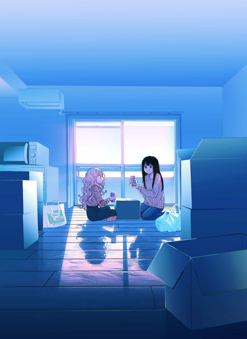 2girls, absurdres, air_conditioner, bag, black_hair, blue_eyes, blue_theme, blush