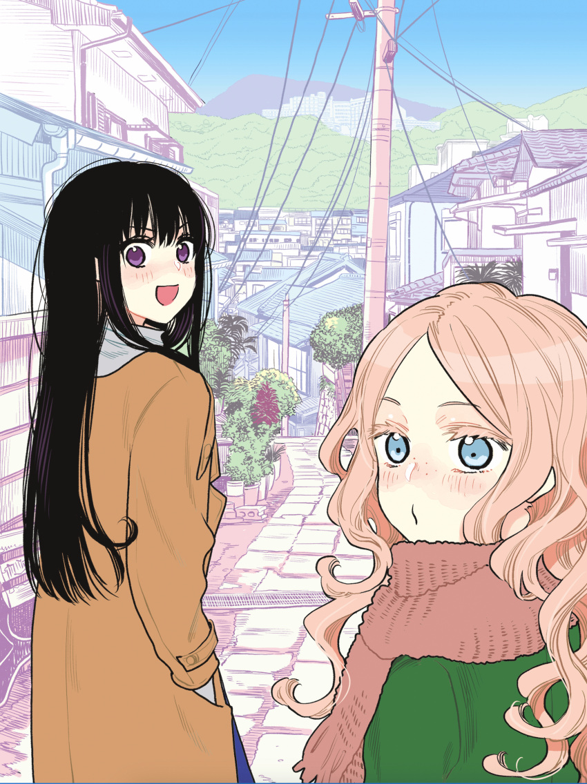 2girls, black_hair, blue_eyes, blush, brown_coat, brown_scarf, building, coat