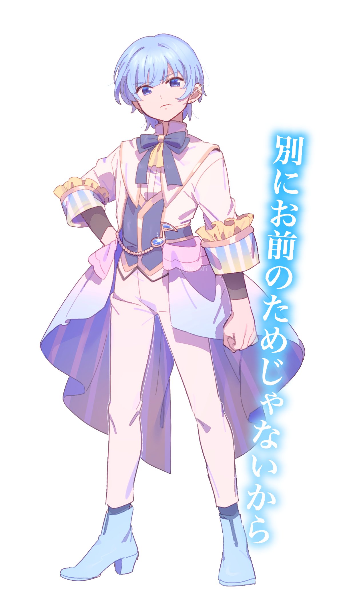 1boy, ankle_boots, arm_at_side, ascot, blue_eyes, blue_footwear, blue_hair, blue_ribbon