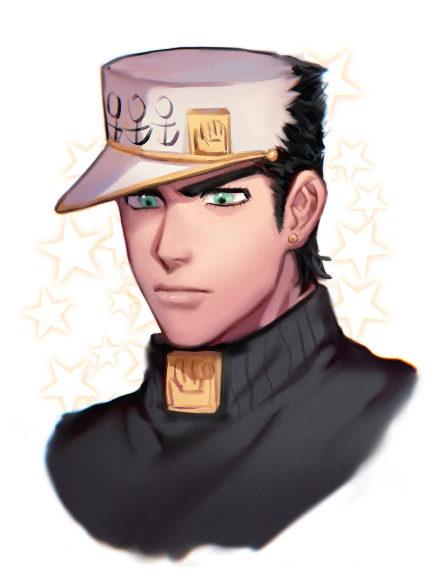 1boy, 2608337875, absurdres, black_hair, diamond_wa_kudakenai, earrings, green_eyes, hand_ornament, hat, highres, jewelry, jojo_no_kimyou_na_bouken, kujo_jotaro, male_focus, portrait, solo, turtleneck