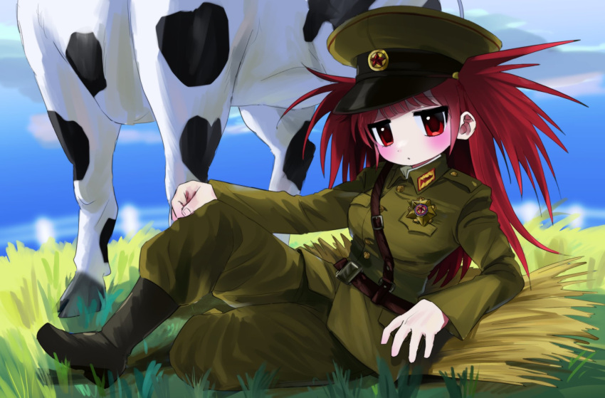 100_(hundredwell), 1girl, :o, animal, belt, blue_sky, blush, boots, breasts, brown_belt, buttons, cow, fence, full_body, grass, green_headwear, green_pants, grey_footwear, hat, highres, long_hair, long_sleeves, looking_at_viewer, medium_breasts, military, military_uniform, open_mouth, original, pants, peaked_cap, picket_fence, red_eyes, red_star, redhead, shadow, sky, solo, star_(symbol), strap, two_side_up, uniform, wheat, wooden_fence