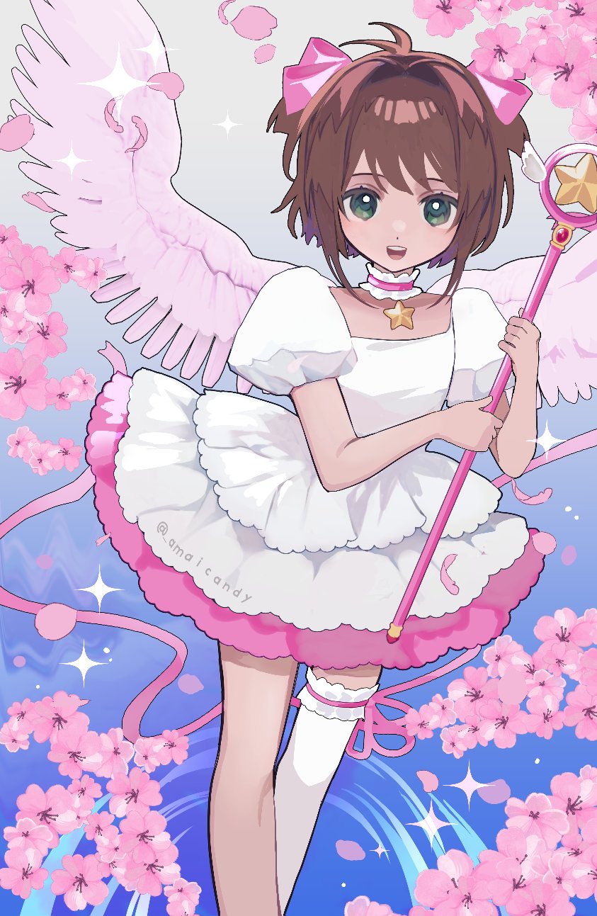 1girl, amai_(_amaicandy), brown_hair, cardcaptor_sakura, dress, female_child, green_eyes, highres, holding, holding_wand, kinomoto_sakura, magical_girl, open_mouth, solo, star_(symbol), teeth, upper_teeth_only, wand, white_dress, wings