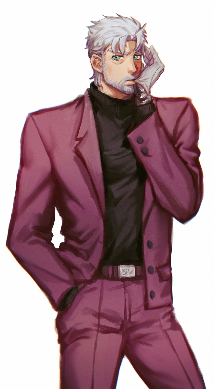 1boy, 2608337875, beard, biting, facial_hair, formal, glove_biting, gloves