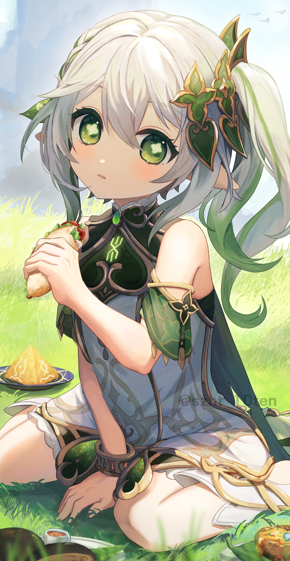 1girl, arm_support, backlighting, bloomers, blurry, bracelet, braid, cape, commentary_request, depth_of_field, detached_sleeves, dress, enoki_hatoko, food, genshin_impact, gradient_hair, grass, green_eyes, hair_between_eyes, hair_ornament, head_tilt, highres, holding, holding_food, jewelry, kebab, leaf_hair_ornament, long_hair, looking_at_viewer, multicolored_hair, nahida_(genshin_impact), outdoors, parted_lips, plate, pointy_ears, short_dress, short_sleeves, side_ponytail, sidelocks, single_braid, sitting, solo, stirrup_legwear, symbol-shaped_pupils, toeless_legwear, two-tone_hair, underwear, wariza, white_bloomers, white_hair