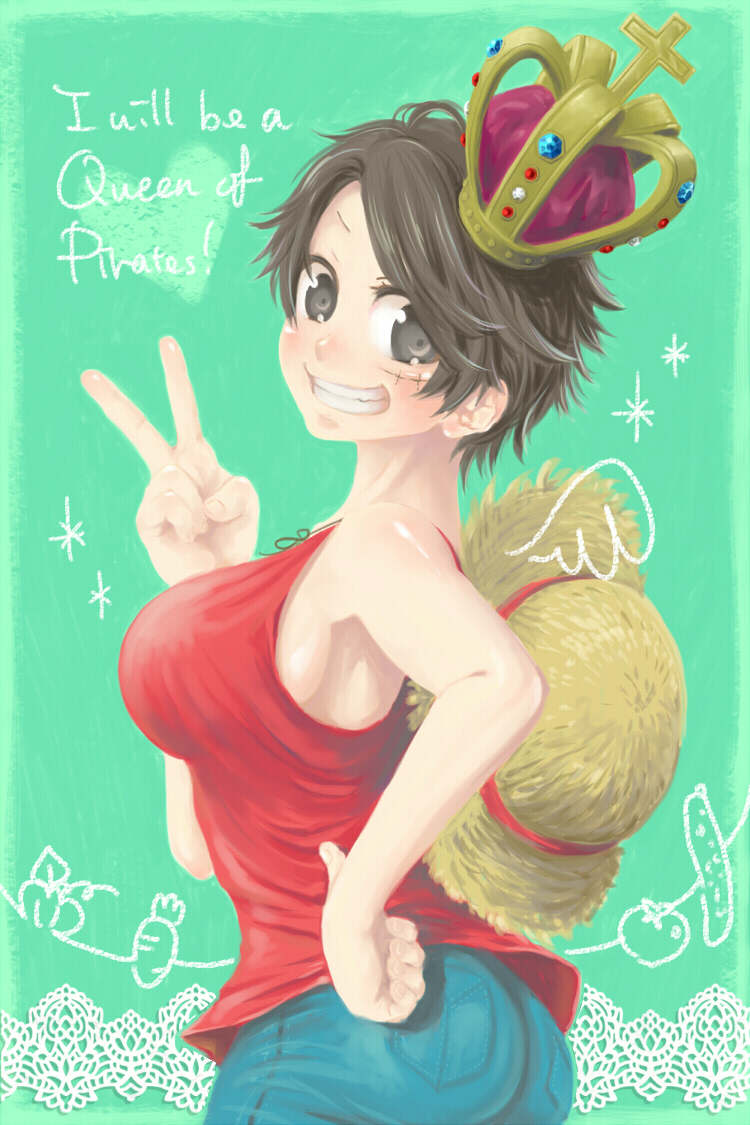 black_hair, breasts, crown, denim, genderswap, hand_on_hip, hat, heart, large_breasts, looking_back, luffyko, monkey_d_luffy, one_piece, scar, scrawl, shorts, sideboob, smile, solo, straw_hat, tank_top, urogi_aya, v, vegetable