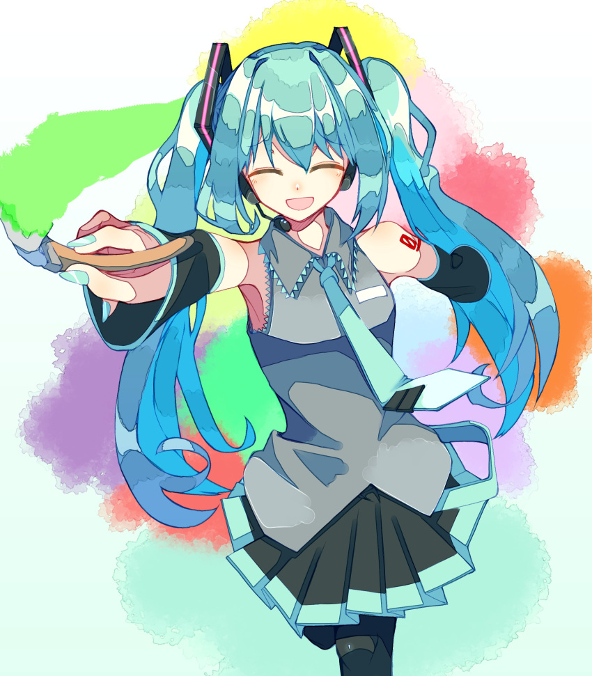 1girl, absurdres, aqua_hair, aqua_nails, aqua_necktie, art_brush, bare_shoulders, black_skirt