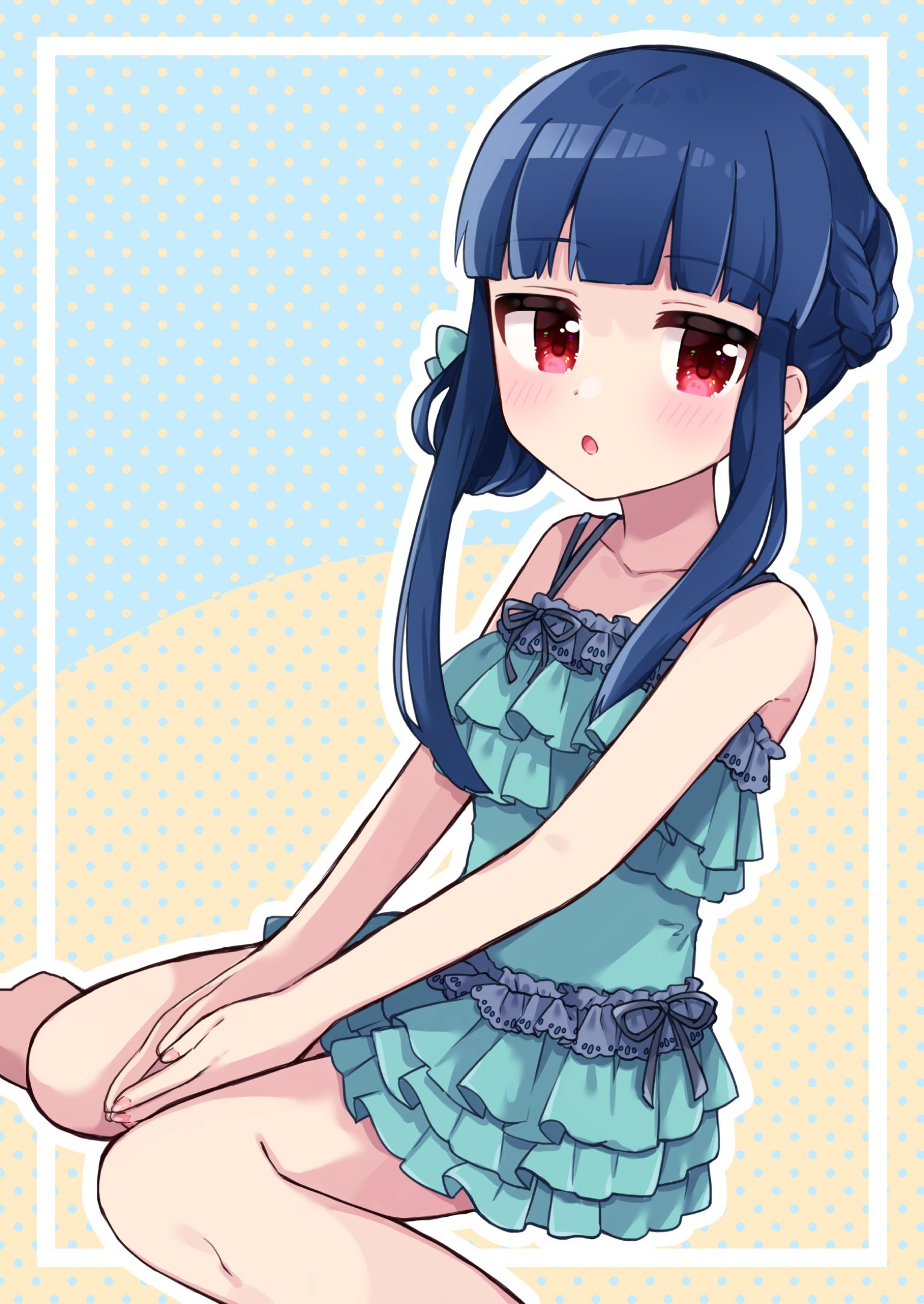 1girl, :o, aqua_one-piece_swimsuit, barefoot, blue_background, blue_hair, blush, braid