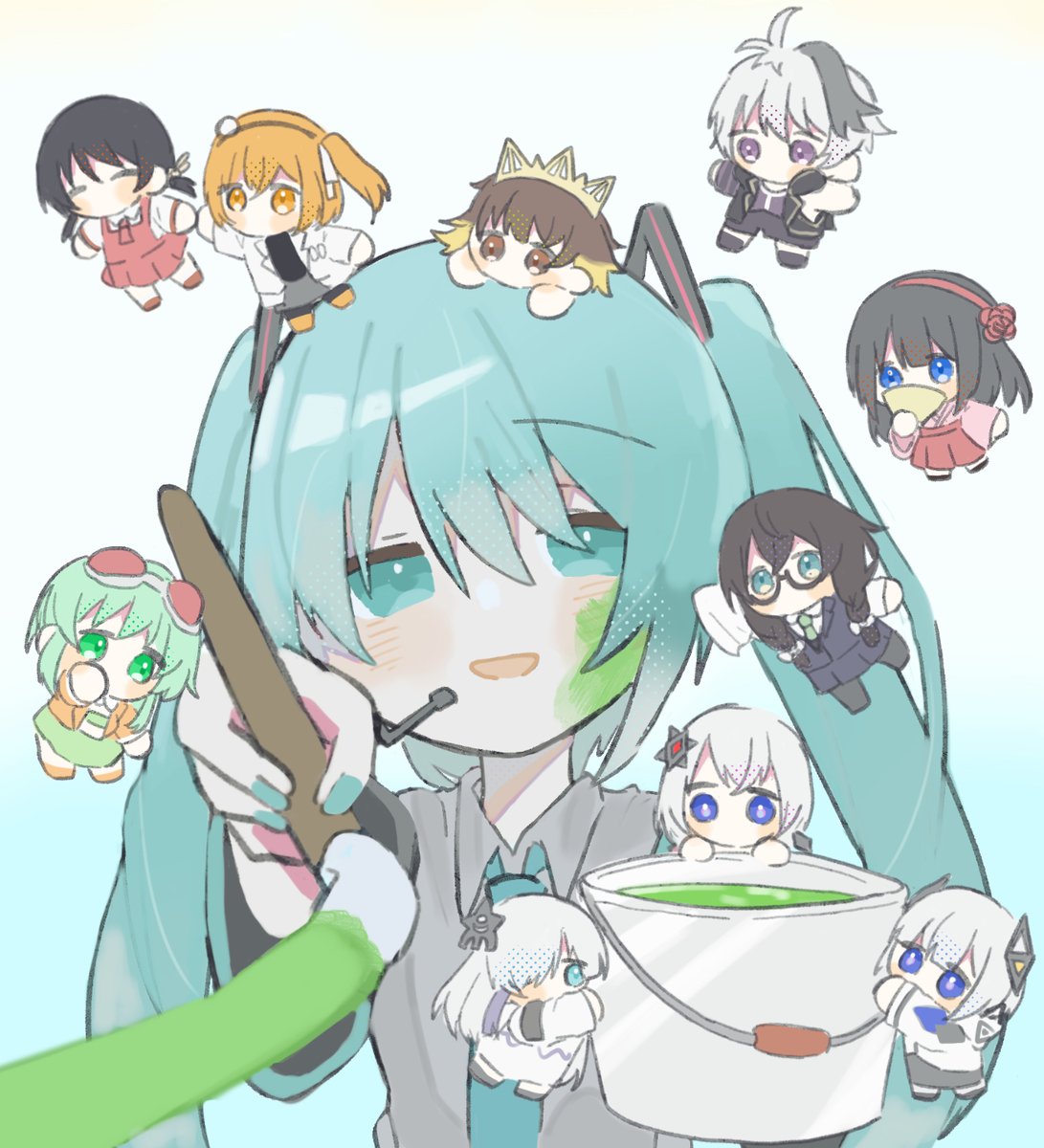 6+girls, a.i._voice, adachi_rei, aqua_eyes, aqua_hair, aqua_nails, aqua_necktie, art_brush